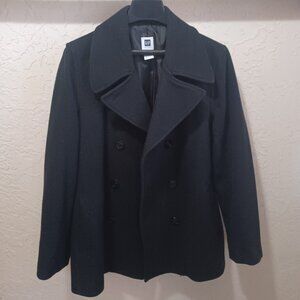 GAP Mens Peacoat Black Size L Wool Blend Lightweight Double Breasted Winter Coat